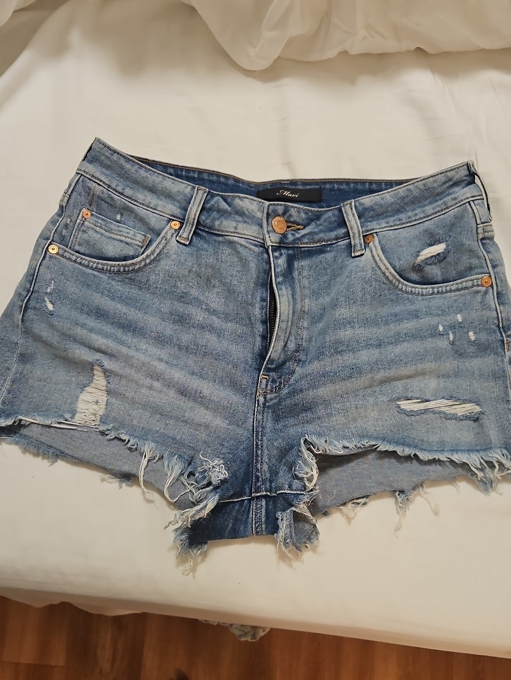 Mavi Light Blue Distressed Denim Cutoff Shorts.  Hudson Women's Rosie High-Rise